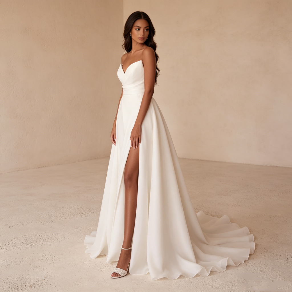 Eleganteste A-Linien Abendkleid aus Satin mit Beinschlitz, Herz-Ausschnitt, Bodenlang Gala Kleid mit Schleppe Weiß