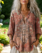 Boho Bluse Damen Rostrot: Vintage Ethno Print, Reverskragen, Loose Fit, S-5XL,Ganzjährig