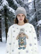 Winter Sweatshirt Damen mit Häschen & Schneeflocken Stickerei – kuscheliger Plush Pullover, weich & gemütlich Size S-5XL