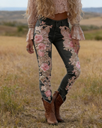 Skinny Leggings Schwarz: 3D-Druck Rosen-Stickerei Optik, Jeans-Look, Shaping S-5XL