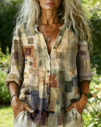 Boho Bluse Damen Beige: Vintage Abstrakt-Print, Reverskragen, Loose Fit, S-5XL,Ganzjährig