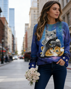 3D-Druck Damen Sweatshirt Schwarz-Weiß: Süßes Katzen-Motiv, Kontrastfarben mit Reißverschluss, Leichtes Langarmshirt S-5XL