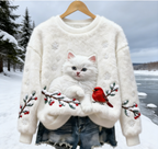 Weihnachtliches Katzen & Vögel 3D-Druck Damen Flanell Sweatshirt – Größe S-5XL