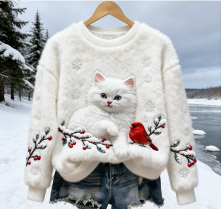 Weihnachtliches Katzen & Vögel-Kunstmotiv Damen Flanellpullover