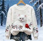 Weihnachtliches Katzen & Vögel 3D-Druck Damen Flanell Sweatshirt – Größe S-5XL
