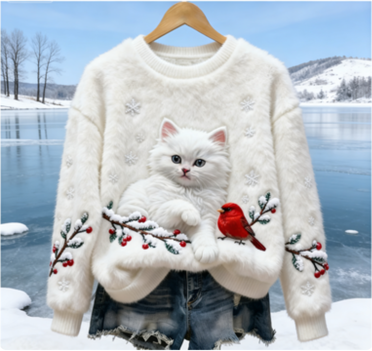 Weihnachtliches Katzen & Vögel-Kunstmotiv Damen Flanellpullover