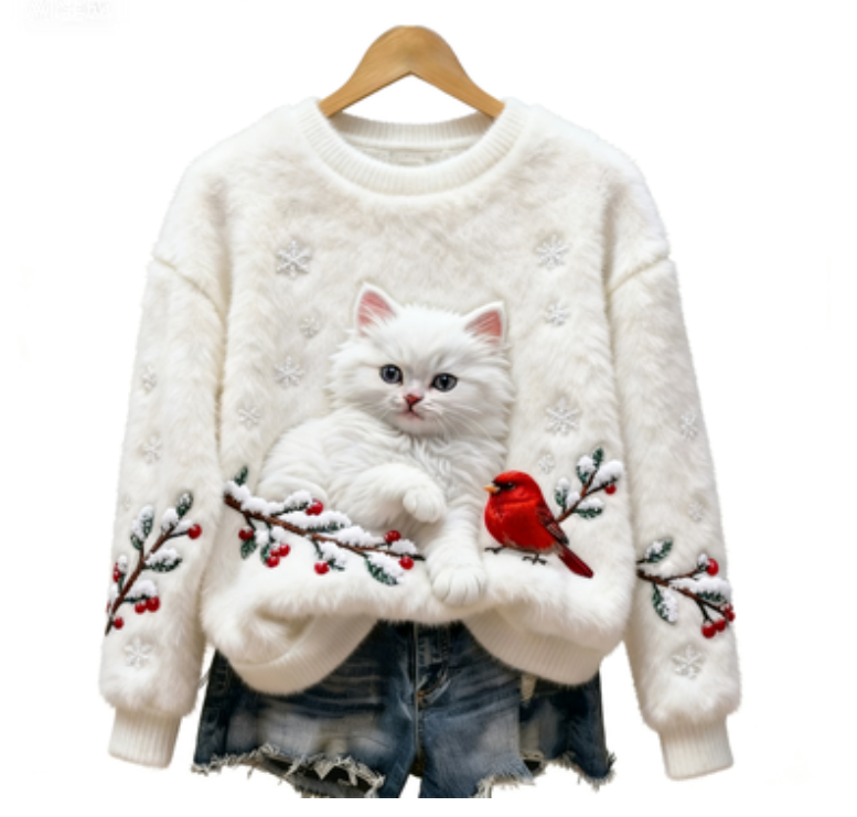 Weihnachtliches Katzen & Vögel-Kunstmotiv Damen Flanellpullover Sise to 5XL