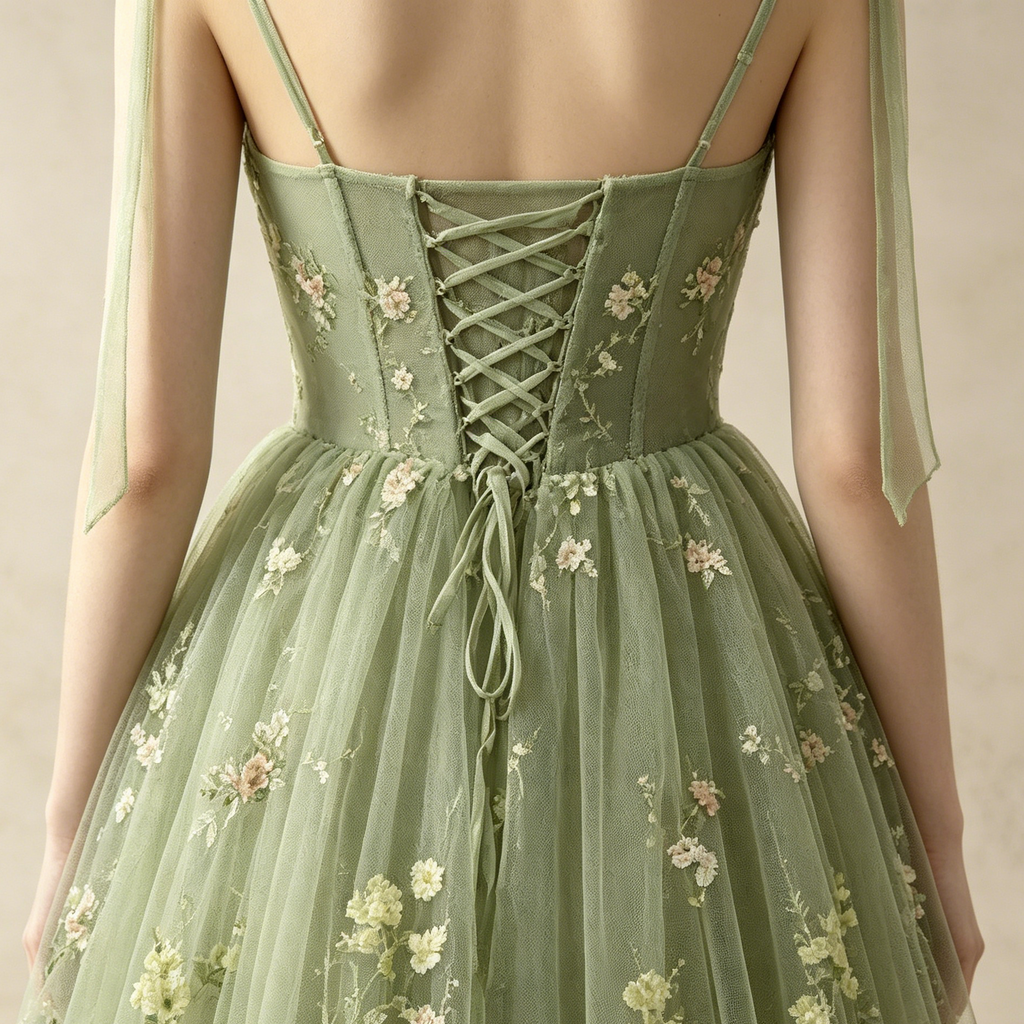 Elegantes Abendkleid lang mit Blumenstickerei | Salbeigrün Festkleid Tüll