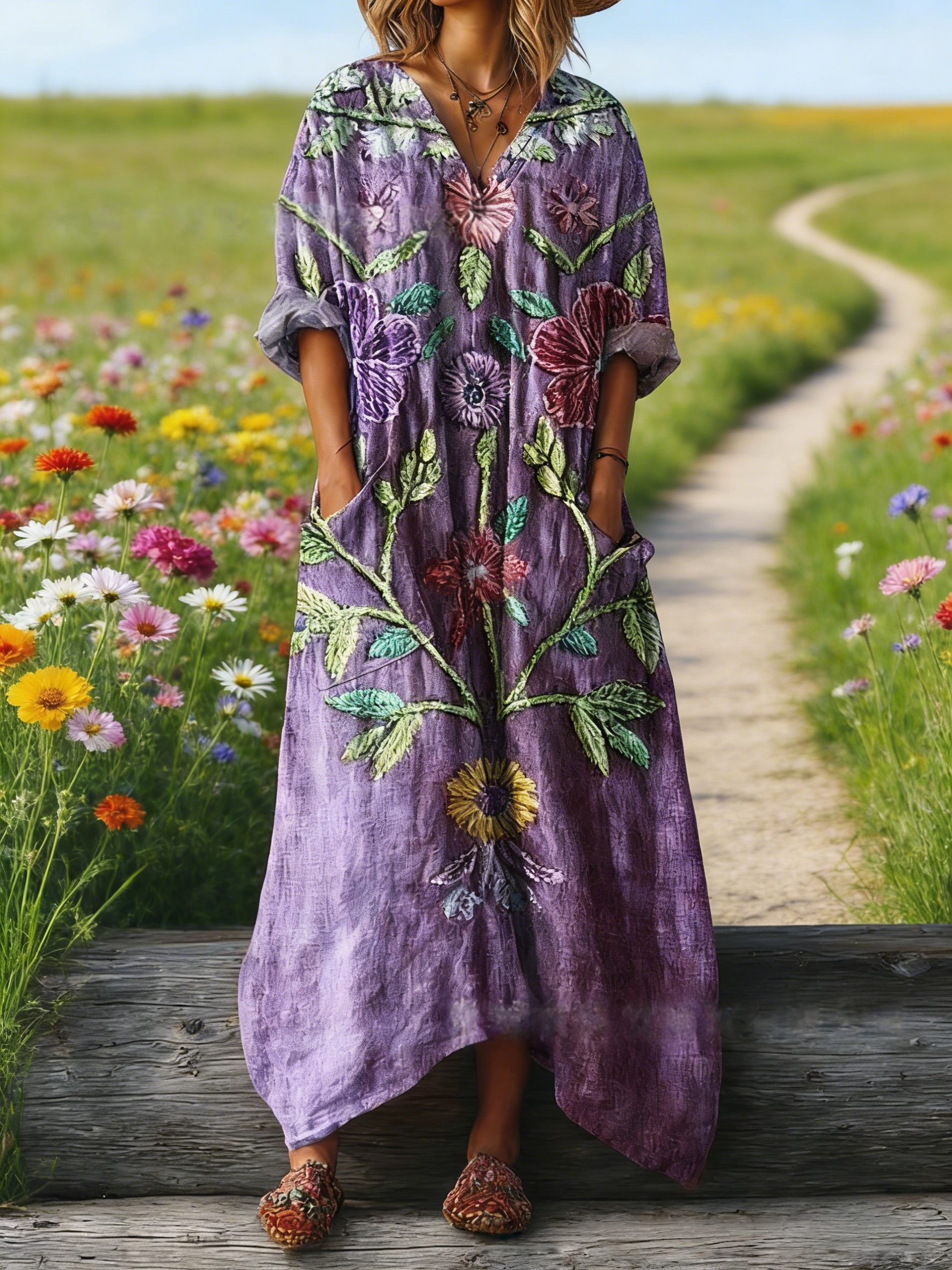 Damen Boho-Maxikleid im Vintage-Stil Violett: Floraler Stickerei-Look, V-Ausschnitt & Praktische Taschen, Bequeme Passform, Ganzjährig S-5XL