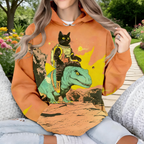 Oversize Hoodie Damen Orange: Stylischer Kapuzenpullover mit Astronauten-Katze & Dino, Retro Sci-Fi Print im Japan-Stil, Casual Sweatshirt, Ganzjährig S-5XL
