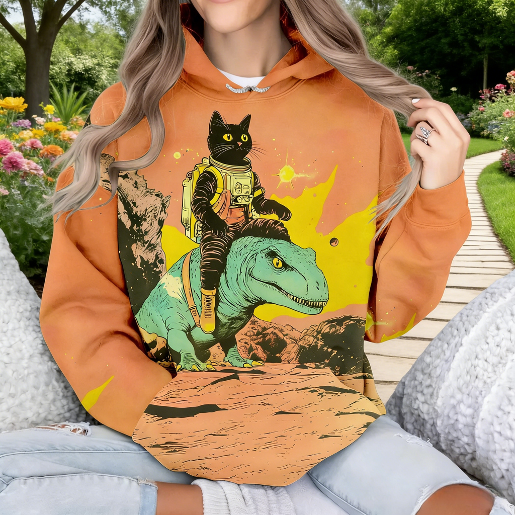 Oversize Hoodie Damen Orange: Stylischer Kapuzenpullover mit Astronauten-Katze & Dino, Retro Sci-Fi Print im Japan-Stil, Casual Sweatshirt, Ganzjährig S-5XL