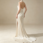 Halterneck Satin Abendkleid Elegant Maxi mit Schleppe Neckholder Ballkleid Ärmellos Bodenlang für Damen S-L - Auf Lager