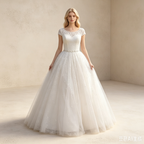 Glitzerndes Prinzessin Ballkleid Weiß Bodenlang | Luxus Abendkleid mit Feiner Spitzenstickerei, Cap-Ärmeln und Strass-Gürtel