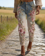 Skinny Jeans Blau-Weiß: 3D-Druck Rosen-Stickerei Optik, Farbverlauf, Shaping S-5XL