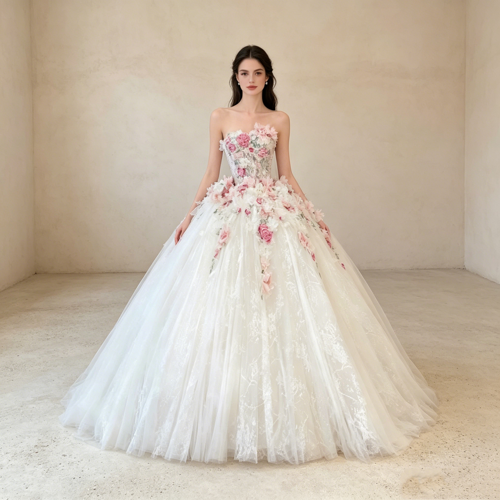 Trägerloses Prinzessin Abendkleid mit 3D-Blumen – Voluminöses Festkleid mit Spitze