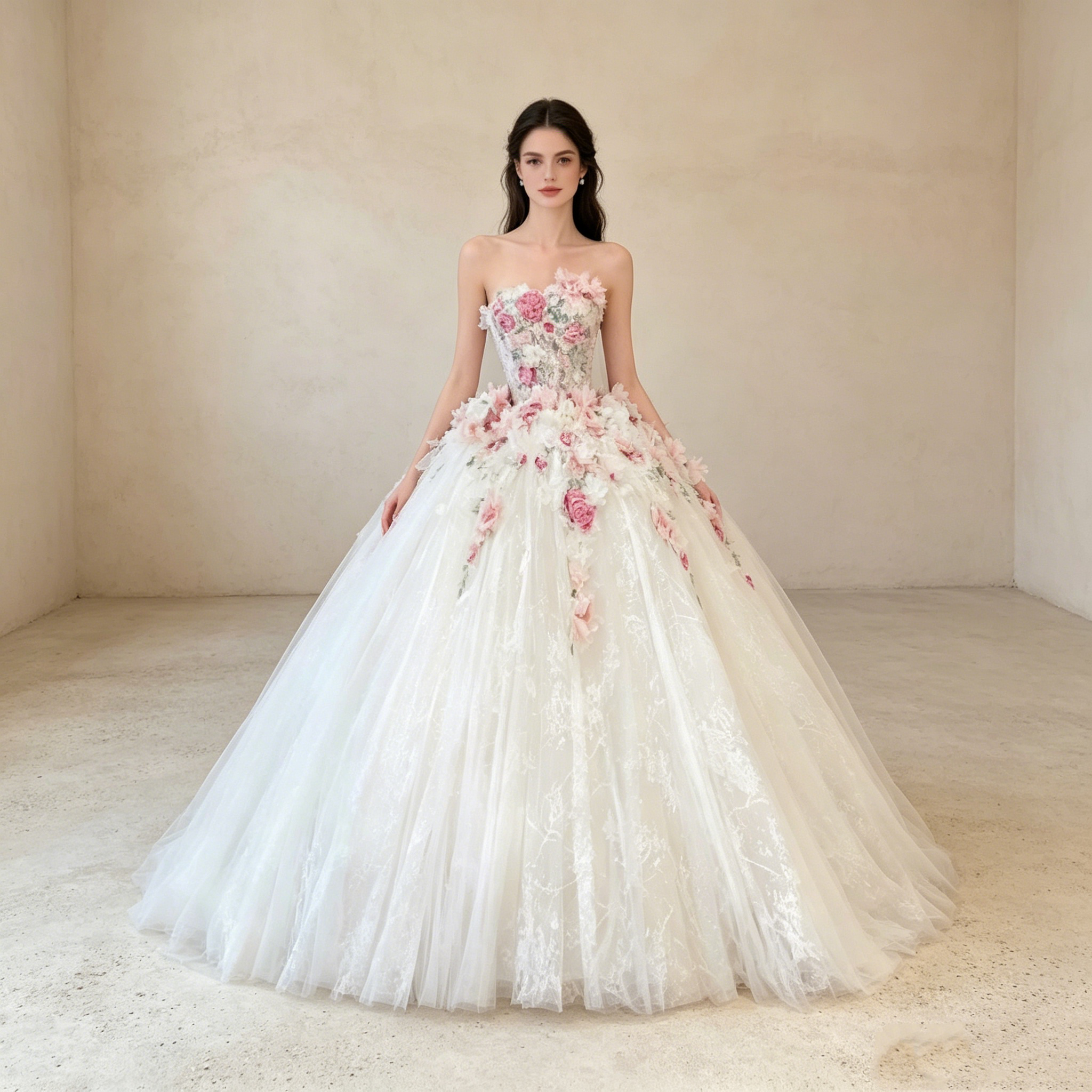Trägerloses Prinzessin Abendkleid mit 3D-Blumen – Voluminöses Festkleid mit Spitze