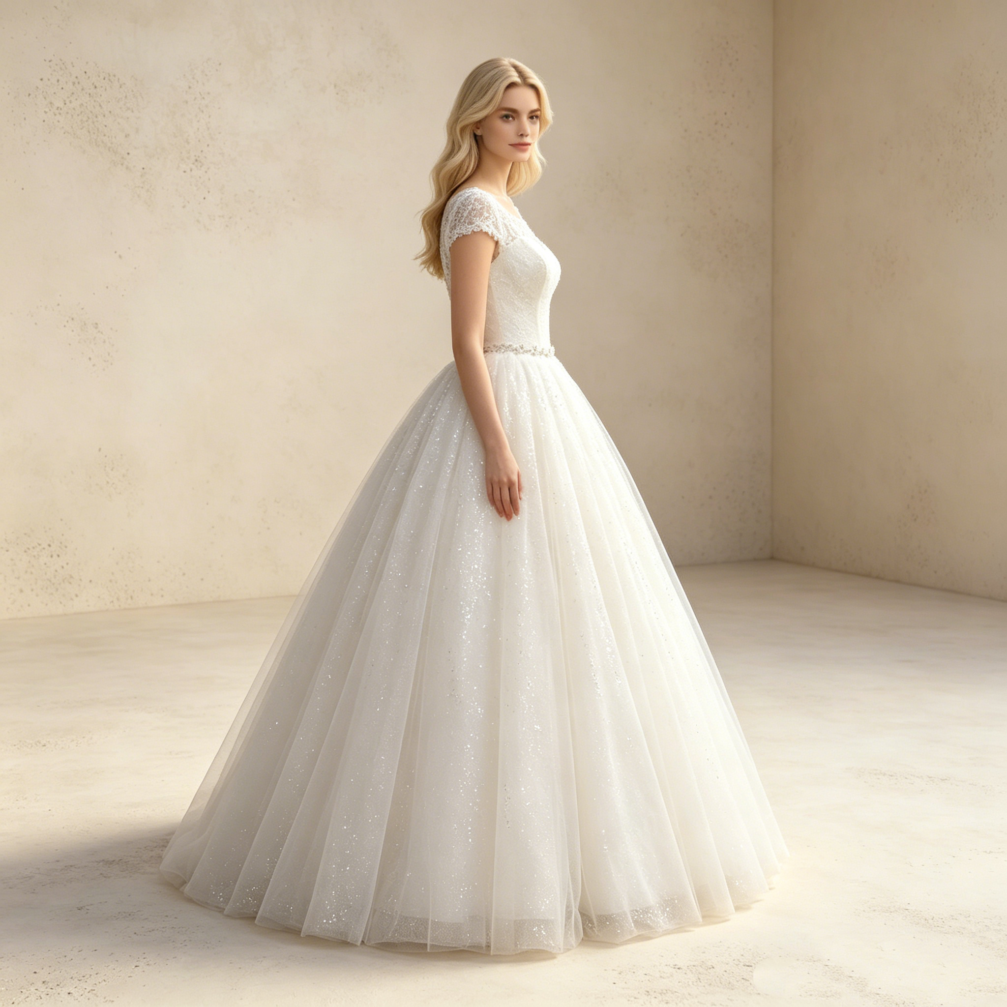 Glitzerndes Prinzessin Ballkleid Weiß Bodenlang | Luxus Abendkleid mit Feiner Spitzenstickerei, Cap-Ärmeln und Strass-Gürtel