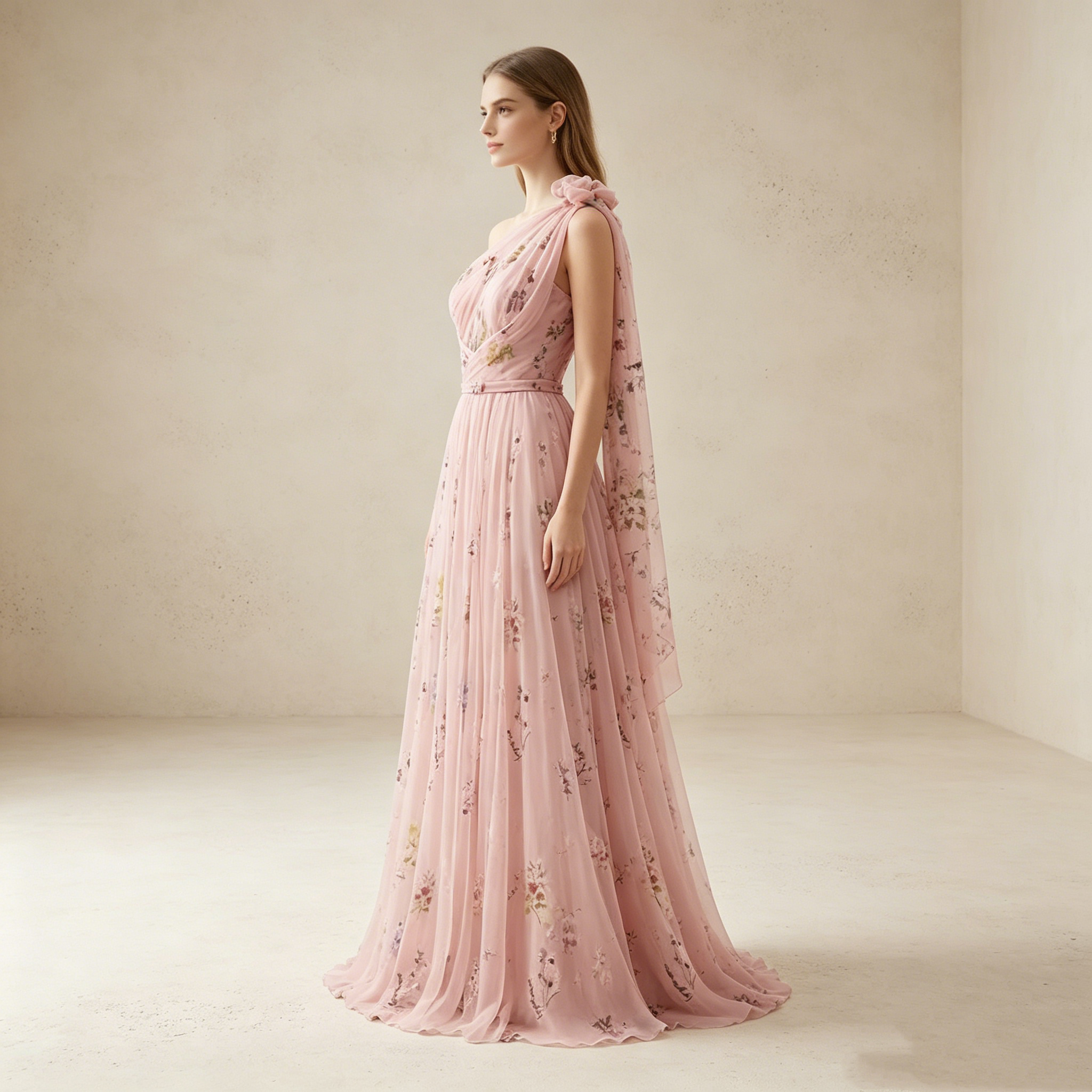 Elegantes One-Shoulder Abendkleid lang | Rosa Maxikleid mit Blumenmuster