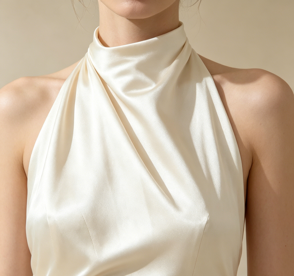 Halterneck Satin Abendkleid Elegant Maxi mit Schleppe Neckholder Ballkleid Ärmellos Bodenlang für Damen S-L - Auf Lager