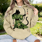 Oversize Hoodie Damen Sandbeige: Stylischer Kapuzenpullover mit Japan-Print, Schwarze Katze als Bogenschütze (Kyudo), Retro Grafik-Sweatshirt, Ganzjährig S-5XL