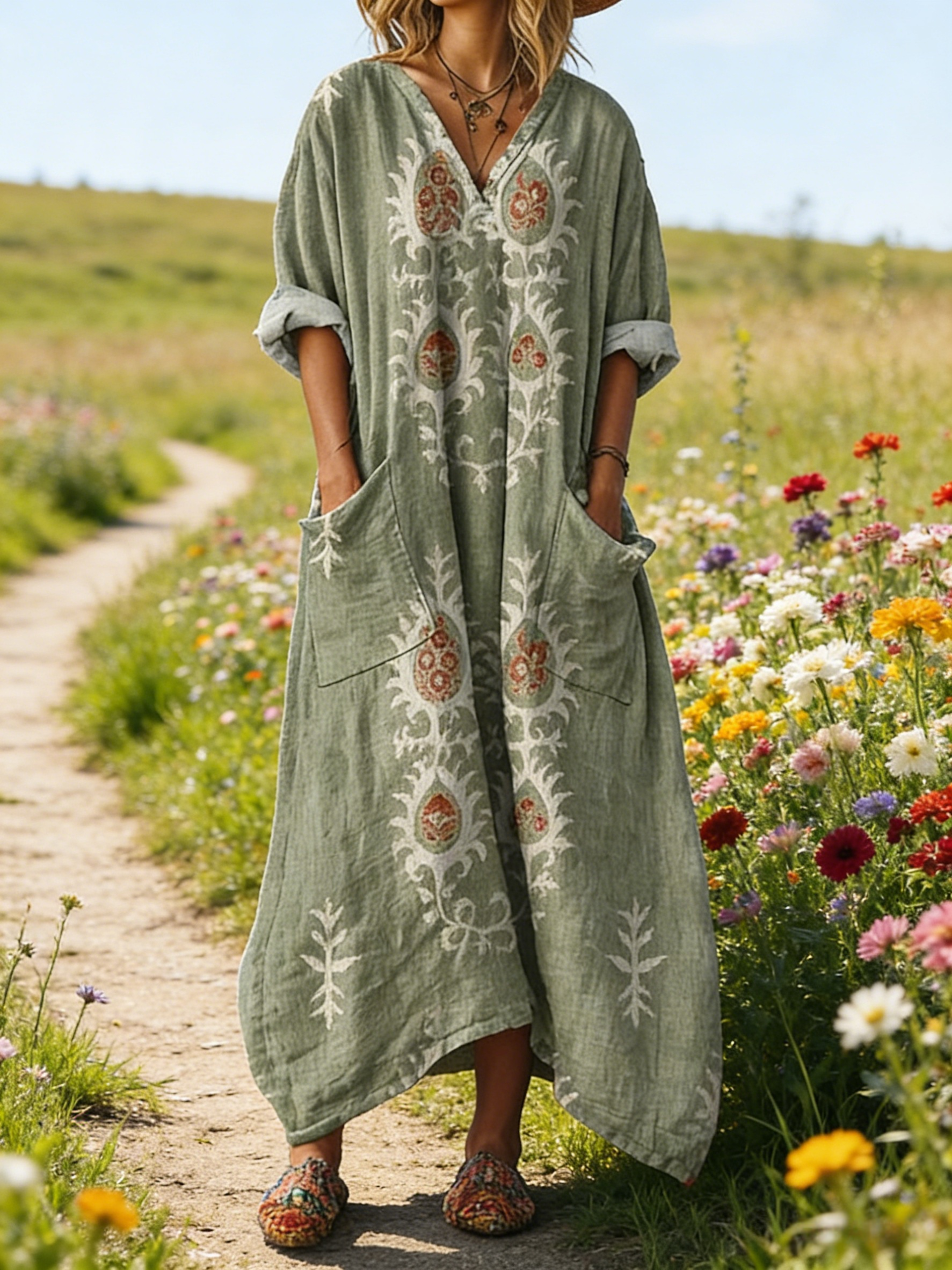 Damen Boho-Maxikleid im Vintage-Stil Salbeigrün: Kunstvoller Ethno-Print, V-Ausschnitt & Praktische Taschen, Bequeme Passform, Ganzjährig S-5XL