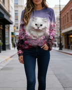 3D-Druck Damen Sweatshirt Kontrastfarben: Süße Katze Design mit Reißverschluss, Schwarz-Blau, Leichtes Langarmshirt S-5XL