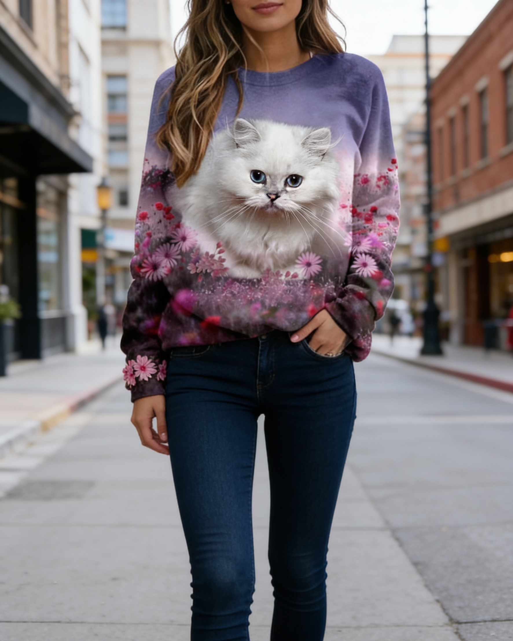 3D-Druck Damen Sweatshirt Kontrastfarben: Süße Katze Design mit Reißverschluss, Schwarz-Blau, Leichtes Langarmshirt S-5XL