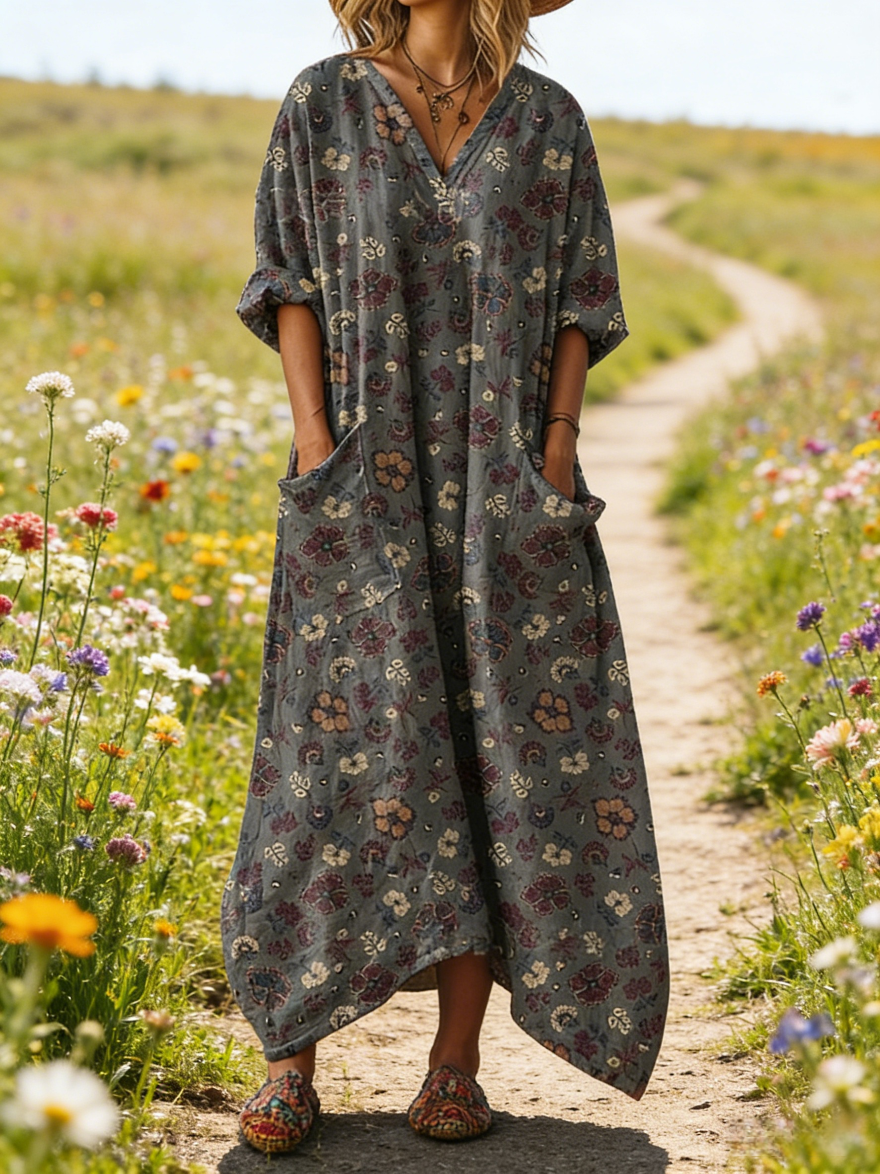 Damen Boho-Maxikleid im Vintage-Stil Dunkelgrau: Nostalgischer Floral-Print, V-Ausschnitt & Praktische Taschen, Bequeme Passform, Ganzjährig S-5XL