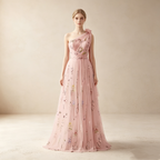 Elegantes One-Shoulder Abendkleid lang | Rosa Maxikleid mit Blumenmuster