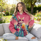 Oversize Hoodie Damen Pink: Stylischer Kapuzenpullover mit Katzen-Print im Retro-Urlaubslook, Sonnenbrille & Cocktail Motiv, Casual Sweatshirt, Ganzjährig S-5XL