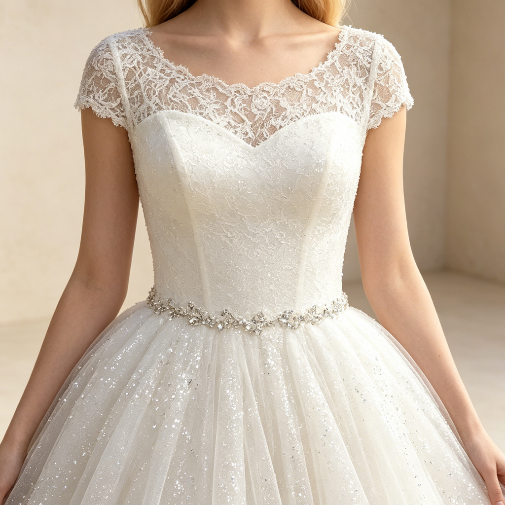 Glitzerndes Prinzessin Ballkleid Weiß Bodenlang | Luxus Abendkleid mit Feiner Spitzenstickerei, Cap-Ärmeln und Strass-Gürtel