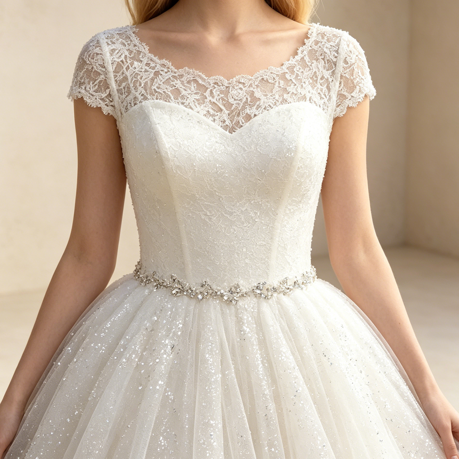 Glitzerndes Prinzessin Ballkleid Weiß Bodenlang | Luxus Abendkleid mit Feiner Spitzenstickerei, Cap-Ärmeln und Strass-Gürtel