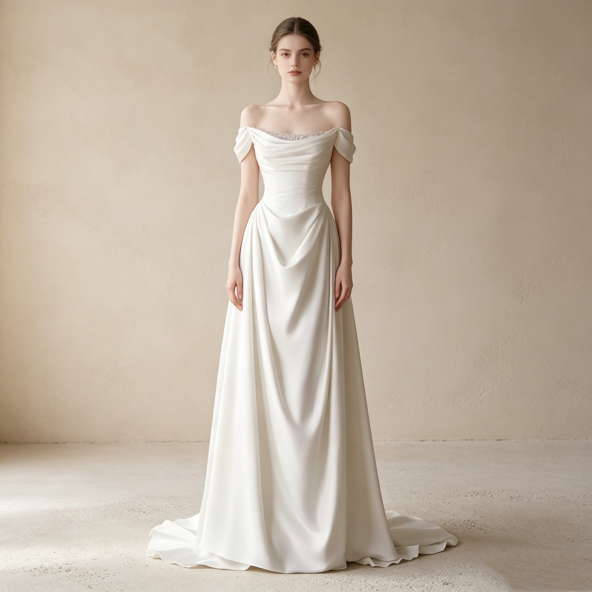 Schulterfreies Satin Abendkleid mit Drapee-Effekt – Elegantes Maxikleid