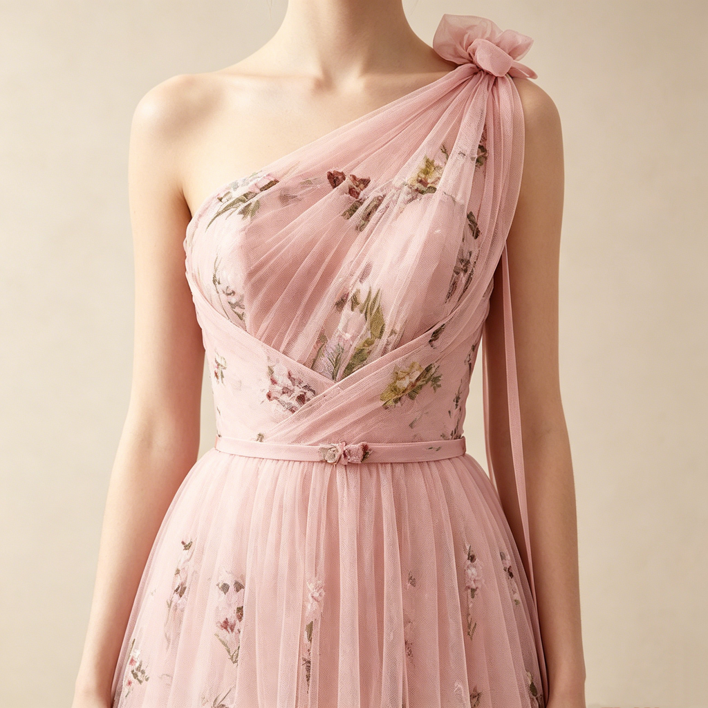 Elegantes One-Shoulder Abendkleid lang | Rosa Maxikleid mit Blumenmuster