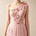 Elegantes One-Shoulder Abendkleid lang | Rosa Maxikleid mit Blumenmuster