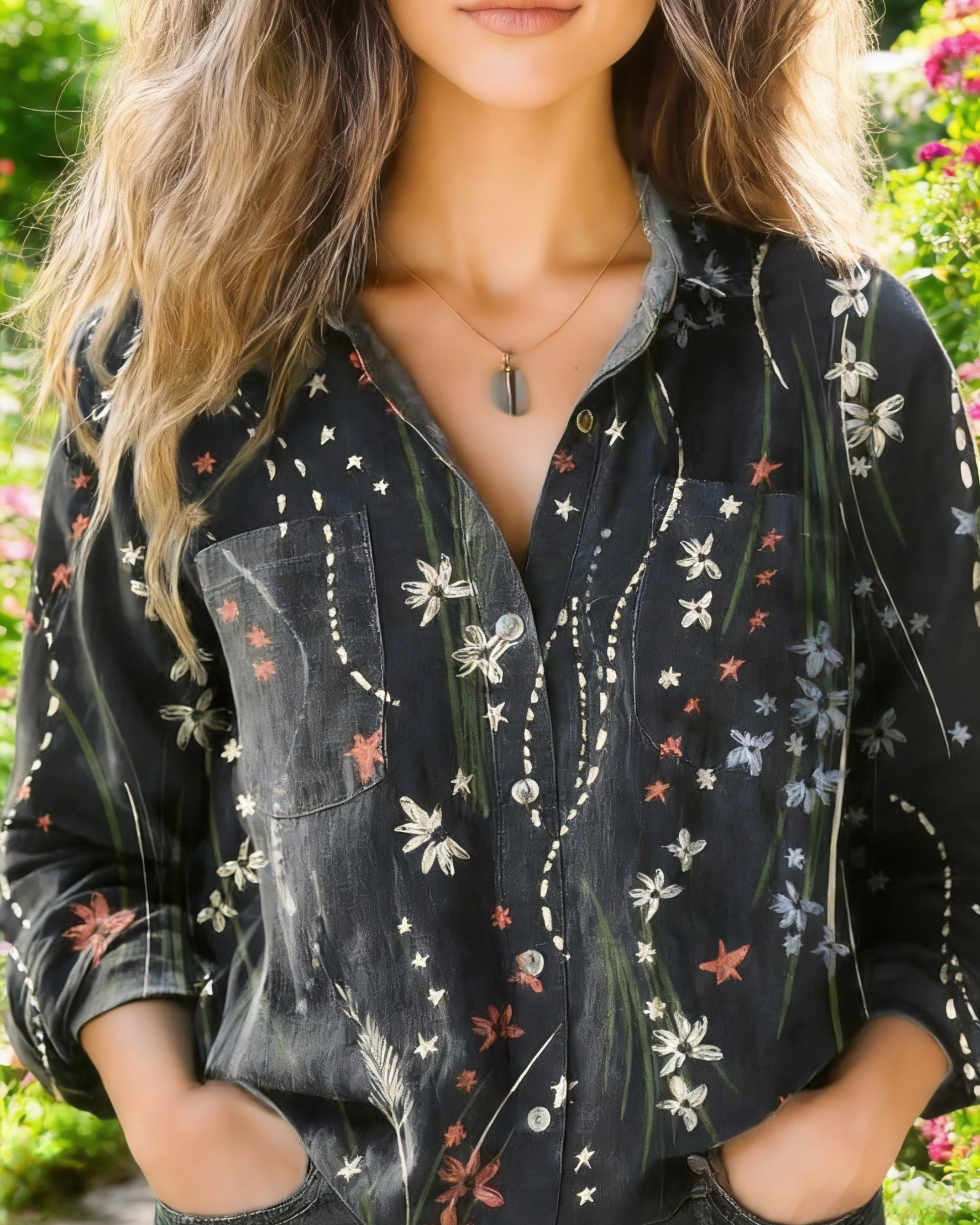 Boho Bluse Damen Anthrazit: Vintage Sternen- & Blumen-Print, Reverskragen, Loose Fit, S-5XL,Ganzjährig