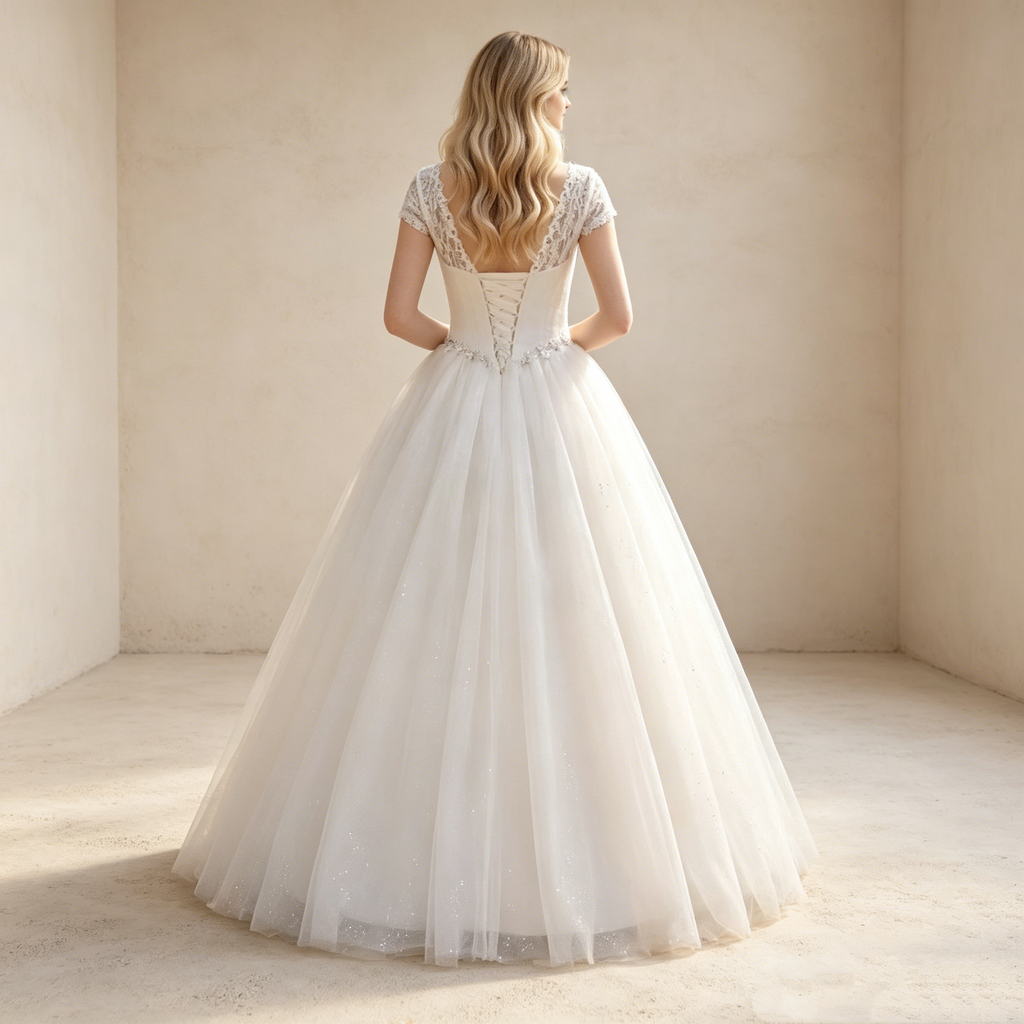 Glitzerndes Prinzessin Ballkleid Weiß Bodenlang | Luxus Abendkleid mit Feiner Spitzenstickerei, Cap-Ärmeln und Strass-Gürtel