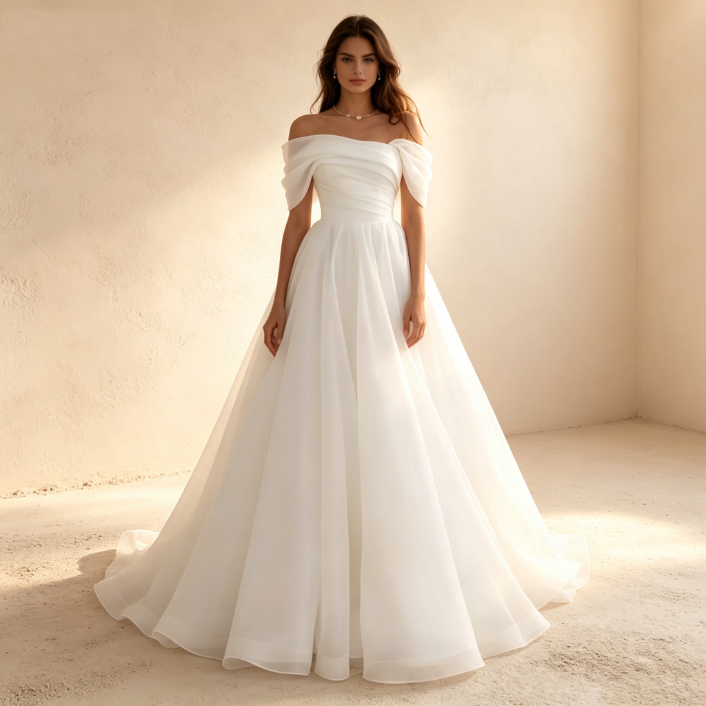 Off-Shoulder A-Linien Abendkleid aus Chiffon mit Herzausschnitt, Bodenlanges Gala Kleid Weiß