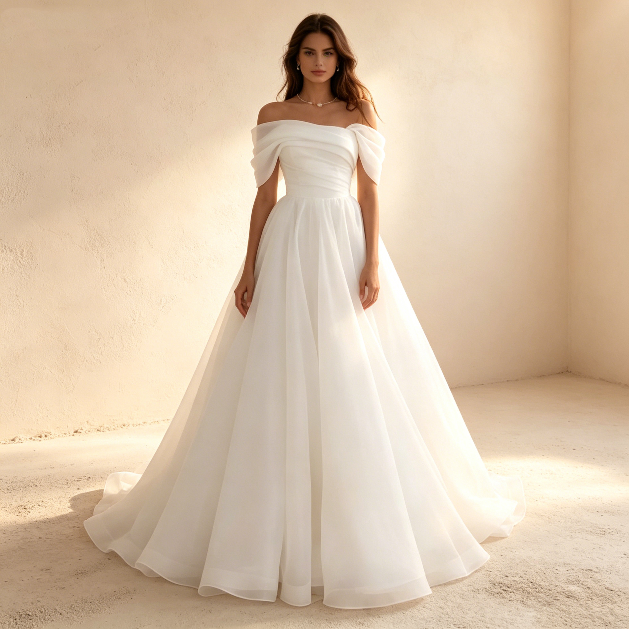 Off-Shoulder A-Linien Abendkleid aus Chiffon mit Herzausschnitt, Bodenlanges Gala Kleid Weiß