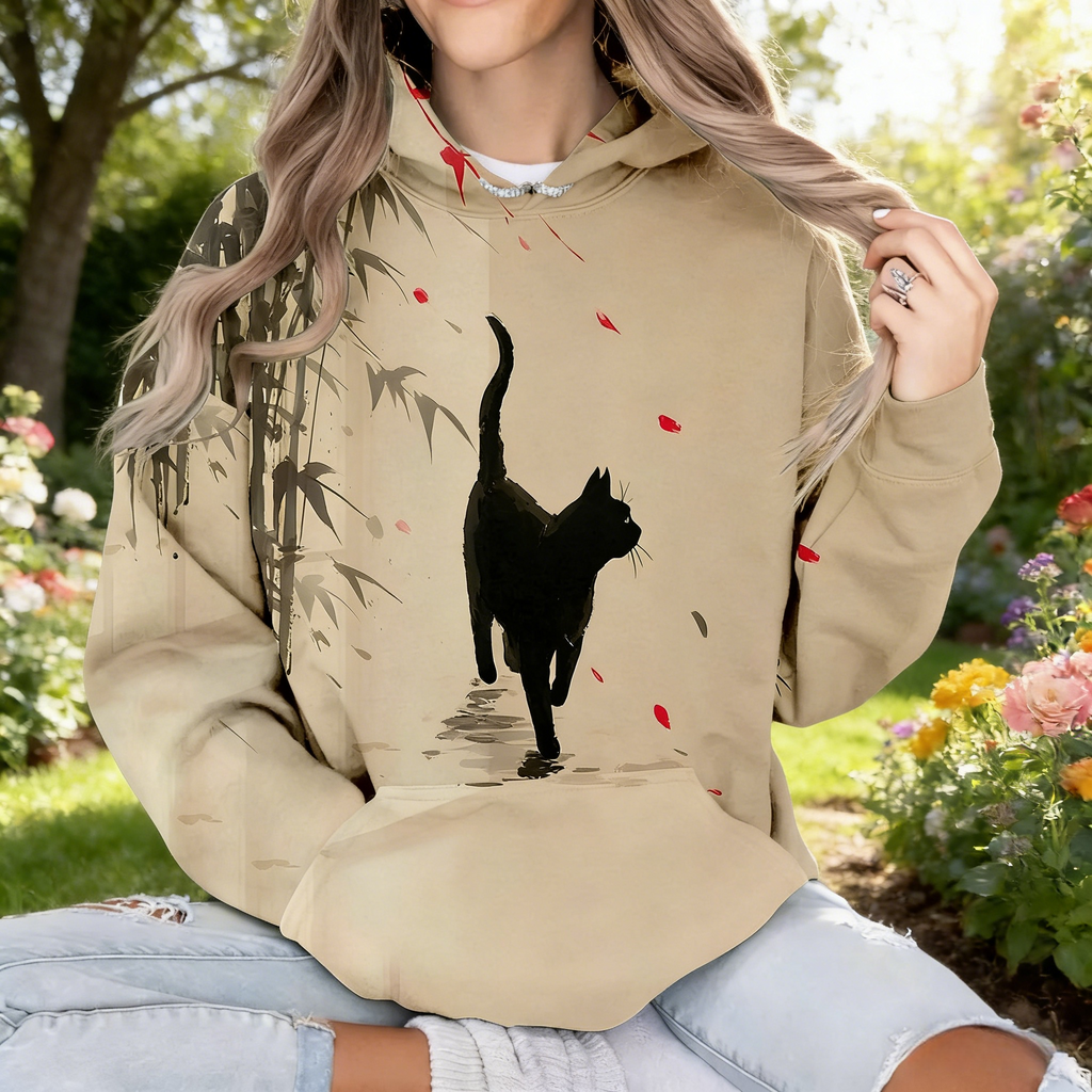 Oversize Hoodie Damen Beige: Stylischer Kapuzenpullover mit Japan-Print, Schwarze Katze im Bambuswald (Sumi-e Stil), Casual Sweatshirt, Ganzjährig S-5XL