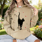 Oversize Hoodie Damen Beige: Stylischer Kapuzenpullover mit Japan-Print, Schwarze Katze im Bambuswald (Sumi-e Stil), Casual Sweatshirt, Ganzjährig S-5XL