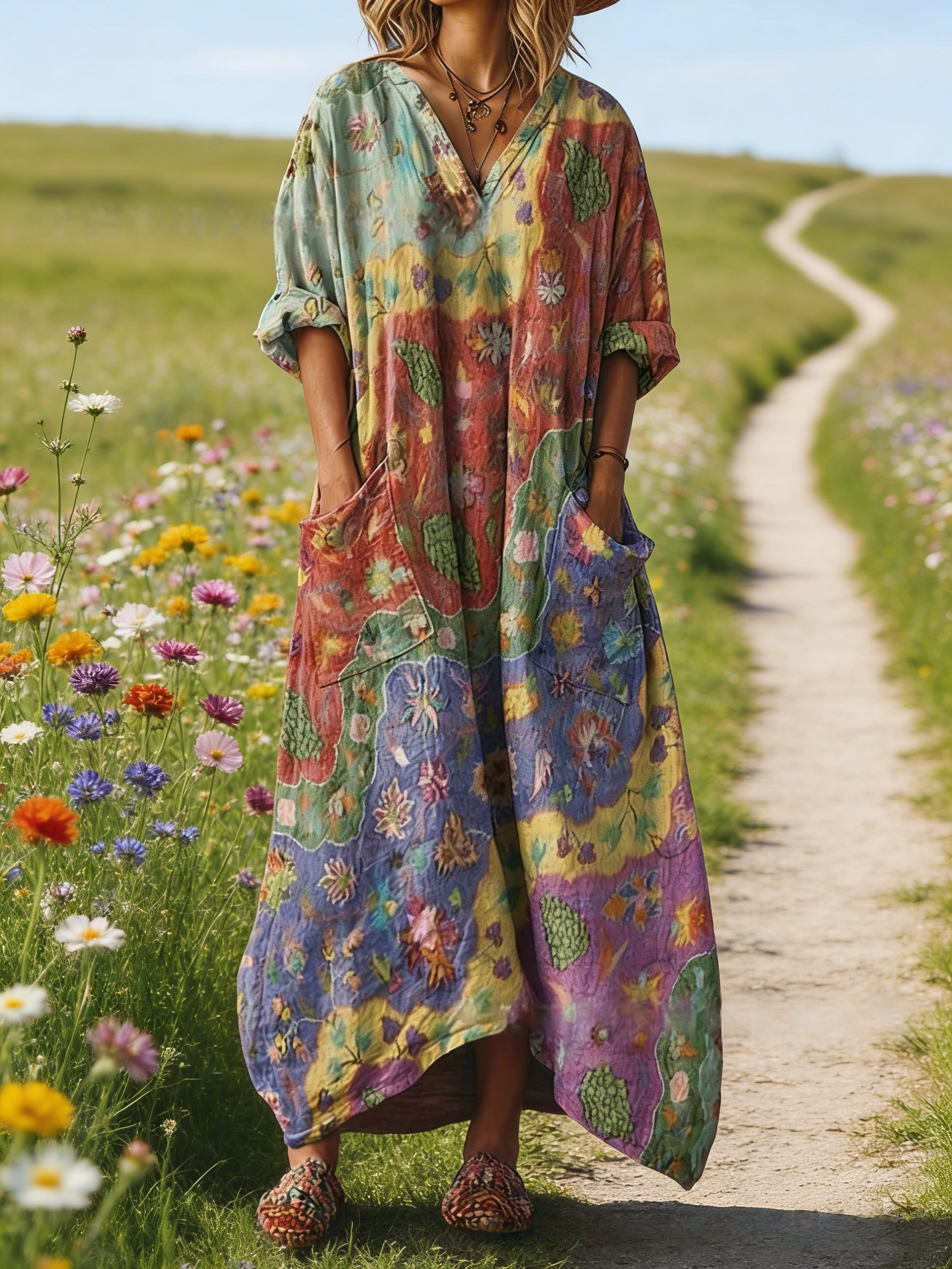 Damen Boho-Maxikleid im Vintage-Stil Bunt: Kunstvoller Landkarten-Print, V-Ausschnitt & Praktische Taschen, Bequeme Passform, Ganzjährig S-5XL