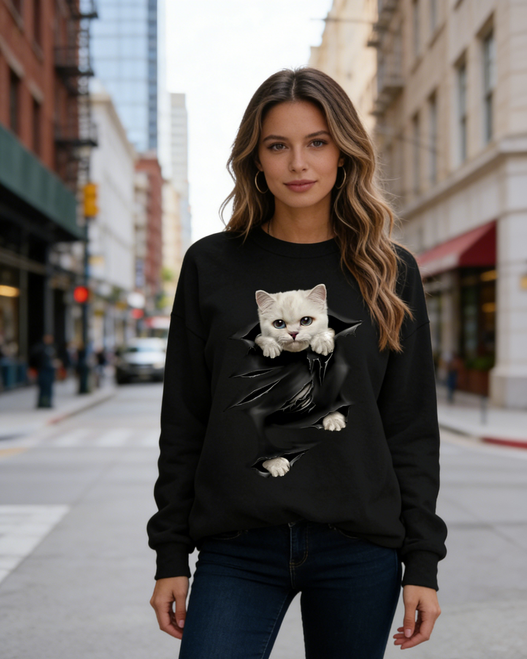 3D-Druck Damen Sweatshirt Schwarz-Blau: Süße Katze Design, Kontrastfarben mit Reißverschluss, Casual Langarmshirt S-5XL