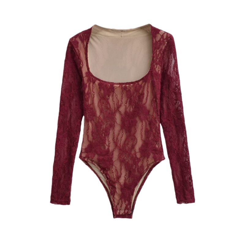 Damen Spitzenbody Weinrot: Eleganter Langarm Bodysuit mit eckigem Ausschnitt & Floralem Muster, Figurbetontes Spitzenoberteil als Unterzieher für Party, Ausgehen & Alltag S-L