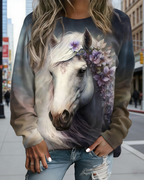 Damen Sweatshirt mit 3D-Pferdemotiv & Blumen: Elegantes Tiergrafik-Oberteil in Dunkelblau-Verlauf, Rundhals, Ganzjährig S-5XL