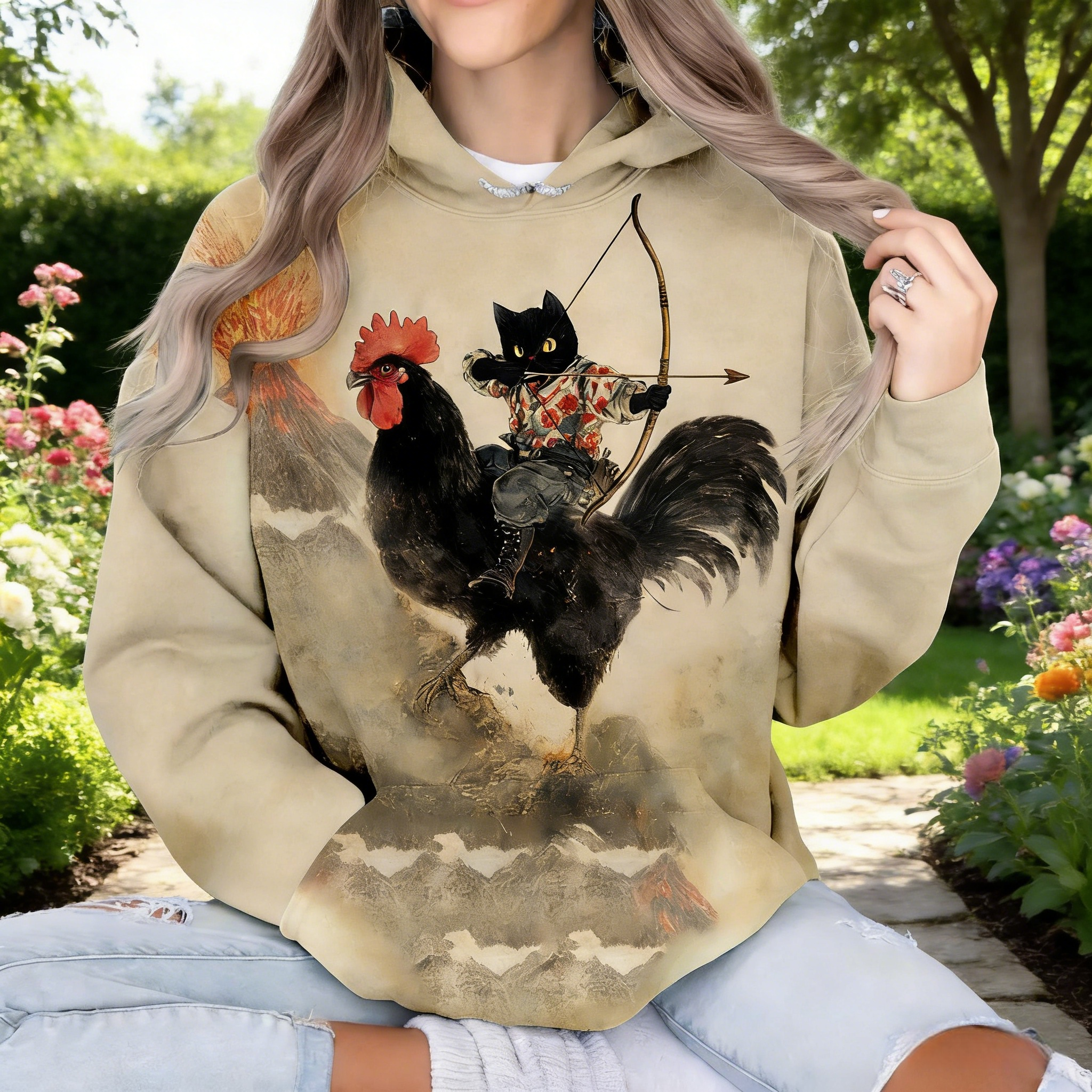 Oversize Hoodie Damen Sandbeige: Stylischer Kapuzenpullover mit Japan-Print, Schwarze Katze auf Hahn im Ukiyo-e Stil, Retro Grafik-Sweatshirt, Ganzjährig S-5XL