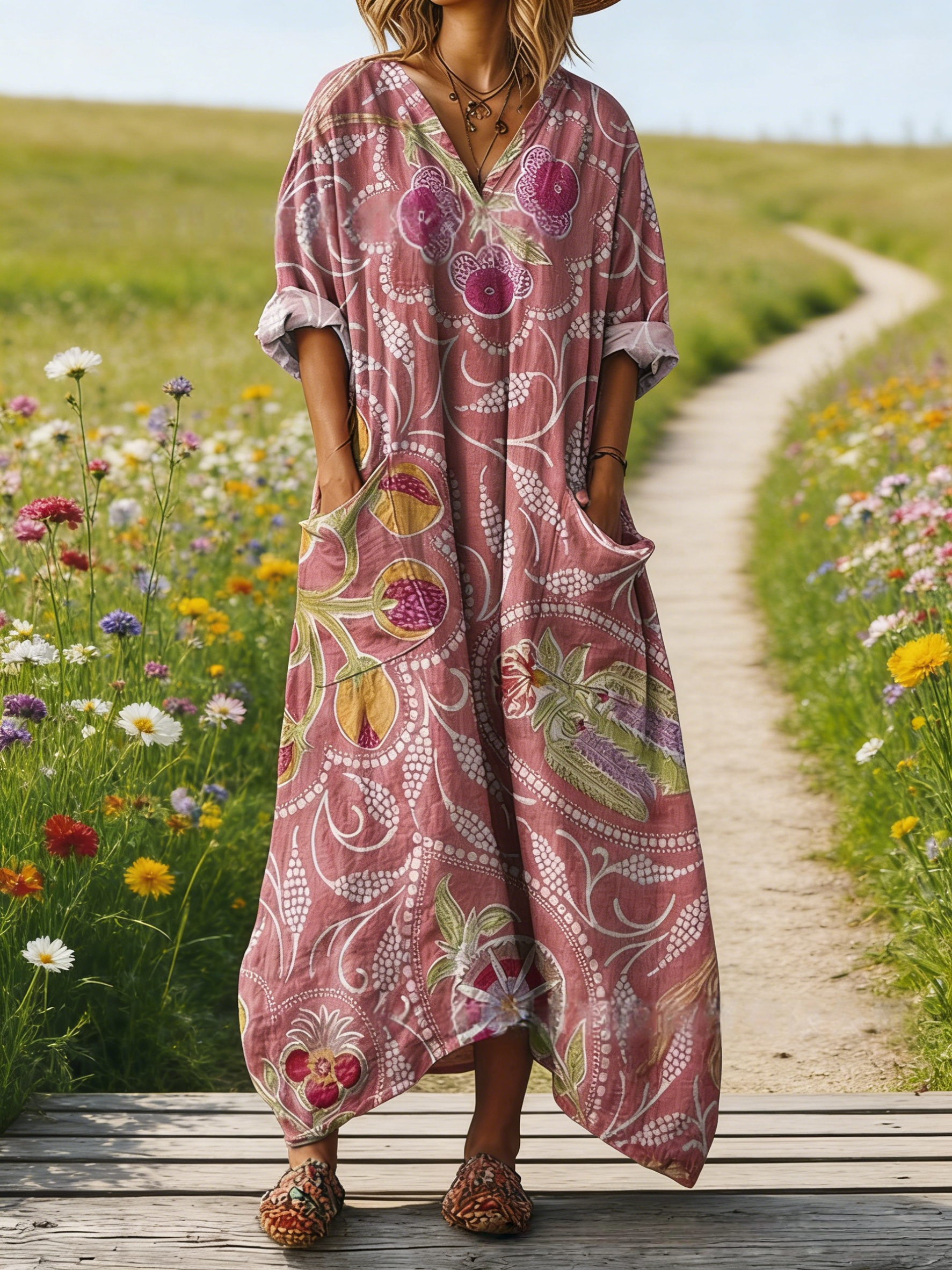 Damen Boho-Maxikleid im Vintage-Stil: Floraler Grafik-Print & V-Ausschnitt, Kleider mit Praktischen Taschen, Bequeme Passform, Ganzjährig S-5XL