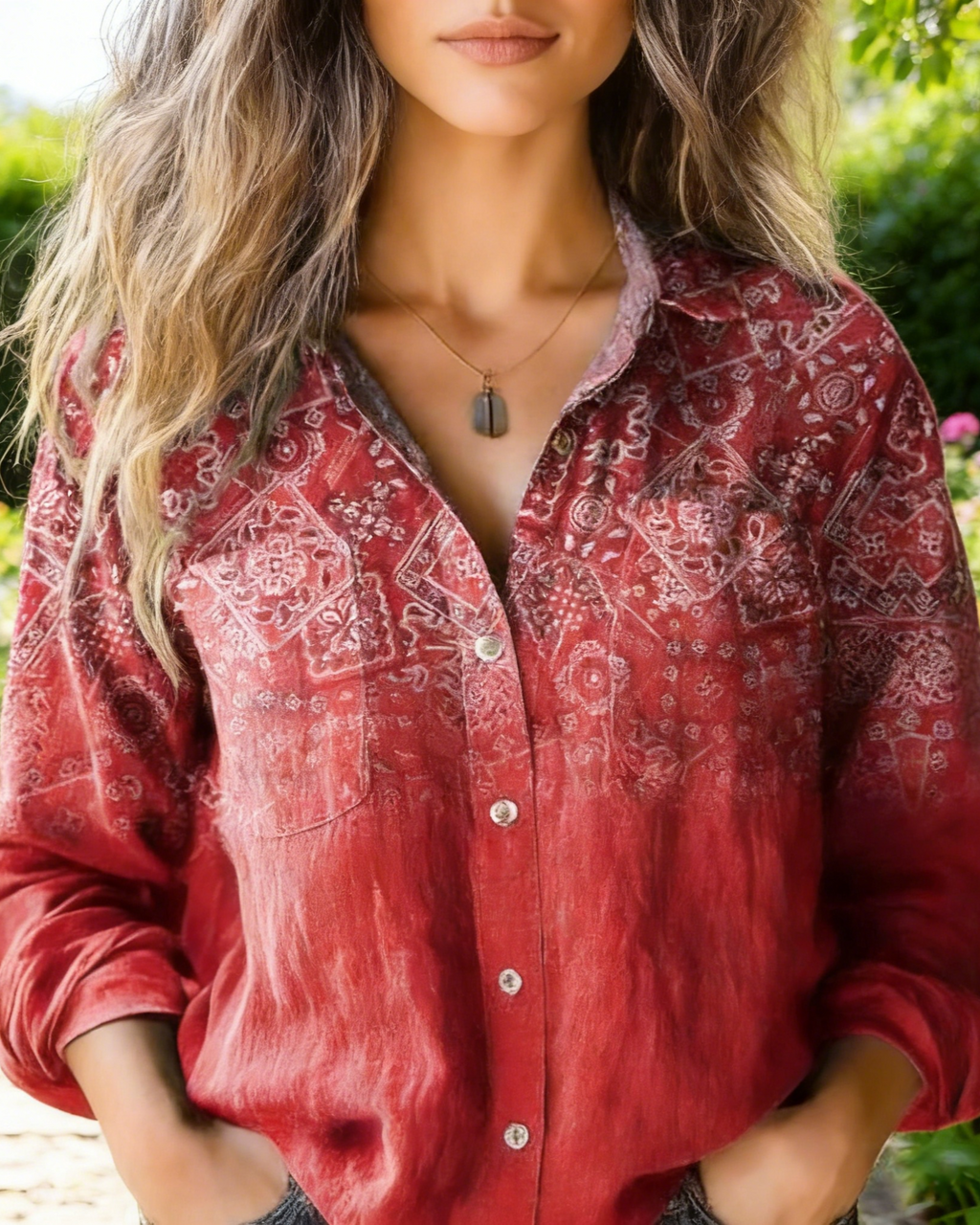 Boho Bluse Damen Dunkelrot: Vintage Ethno-Print, Reverskragen, Loose Fit, S-5XL,Ganzjährig