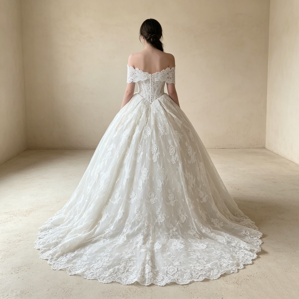 Off-Shoulder Abendkleid mit floraler Spitze und opulentem Ballrock in Creme