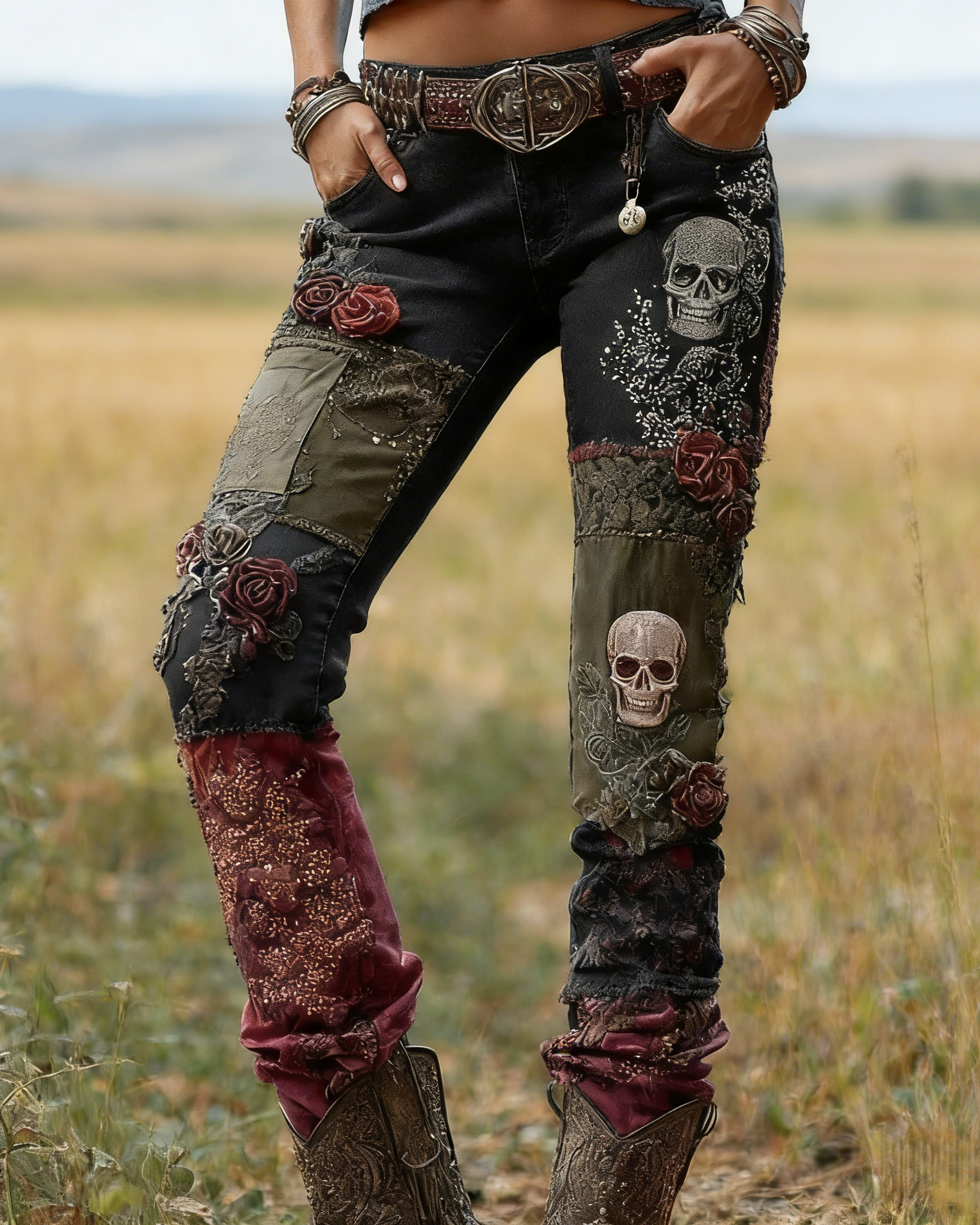 Gothic Leggings Schwarz: 3D-Druck Dunkelrote Rosen, Patchwork-Look, Shaping S-5XL